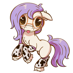 Size: 1200x1200 | Tagged: safe, artist:candy meow, derpibooru import, oc, oc only, oc:mockery, earth pony, pony, 2024 community collab, :p, amber eyes, bipedal, chest fluff, clothes, colt, cowprint, derpibooru community collaboration, digital art, ears, earth pony oc, floppy ears, foal, glasses, hoof fluff, leg warmers, looking at you, male, purple hair, purple mane, rearing, round glasses, simple background, smiling, solo, tail, tongue, tongue out, transparent background, white body, white coat, white fur