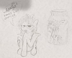 Size: 2142x1728 | Tagged: safe, artist:dhm, derpibooru import, oc, oc:anon filly, pony, /mlp/, bipedal, cursed, female, filly, foal, jar, mare fair, meme, monochrome, raised hoof, raised leg, sitting, sketch, speech bubble, traditional art