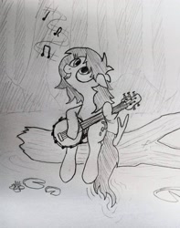 Size: 2810x3569 | Tagged: safe, artist:dhm, derpibooru import, oc, oc:anon filly, pony, banjo, dexterous hooves, female, filly, foal, grayscale, high res, kermit the frog, monochrome, movie reference, music notes, musical instrument, singing, sketch, solo, swamp, the muppets, traditional art, wholesome