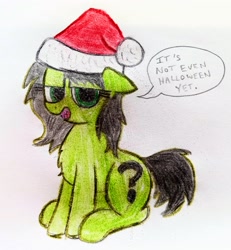 Size: 2660x2875 | Tagged: safe, artist:dhm, derpibooru import, oc, oc:anon filly, pony, /mlp/, /ss/, christmas, female, filly, foal, hat, high res, holiday, santa hat, sassy, secret santa, solo, speech bubble, text, traditional art