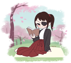 Size: 1866x1653 | Tagged: safe, artist:nopiko, derpibooru import, oc, oc only, oc:ohasu, human, blanket, blushing, book, cardigan, cherry blossoms, clothes, commission, eyepatch, female, flower, flower blossom, humanized, humanized oc, japanese, ponytail, reading, shirt, sitting, skirt, socks, solo, tree, ych result