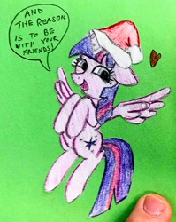 Size: 1595x2006 | Tagged: safe, artist:dhm, derpibooru import, twilight sparkle, twilight sparkle (alicorn), alicorn, pony, /mlp/, /ss/, card, christmas, cute, flying, green background, hat, heart, holiday, looking at you, santa hat, secret santa, simple background, solo, speech bubble, text, traditional art