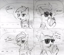 Size: 3235x2762 | Tagged: safe, artist:dhm, derpibooru import, rainbow dash, spitfire, pony, g4, aviator sunglasses, bomber jacket, clipboard, clothes, comic, flight suit, food, gum, hangar, high res, jacket, monochrome, movie reference, pilot, sketch, speech bubble, sunglasses, text, the right stuff, traditional art