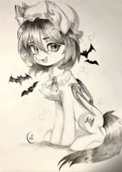 Size: 2604x3670 | Tagged: safe, artist:voh, derpibooru import, bat, bat pony, :3, bonnet, brooch, crossover, detailed, female, folded wings, g4 style, high res, jewelry, looking sideways, remilia scarlet, sitting, touhou, traditional art, wings