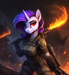 Size: 704x768 | Tagged: safe, ai content, derpibooru import, machine learning generated, rarity, anthro, unicorn, series:legion, fantasy, fire, prompter:hellfire, sci-fi, science fiction, war, weapon
