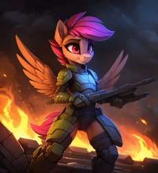 Size: 704x768 | Tagged: safe, ai content, machine learning generated, scootaloo, anthro, pegasus, series:legion, fantasy, fire, prompter:hellfire, sci-fi, war, weapon, young