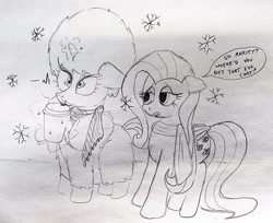 Size: 3273x2668 | Tagged: safe, artist:dhm, derpibooru import, fluttershy, rarity, pony, g4, clothes, coffee, cold, concern, drink, funny, fur coat, heartbeat, high res, monochrome, scarf, shocked, shocked eyes, sketch, snow, snowfall, snowflake, speech bubble, steam, text, traditional art, winter