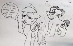 Size: 3316x2066 | Tagged: safe, artist:dhm, derpibooru import, rainbow dash, oc, earth pony, pony, 4chan, autism, cringing, cum, drawthread, fat, funny, glasses, high res, looking at you, monochrome, ponytail, self deprecation, self insert, sketch, smelly, speech bubble, stink lines, talking to viewer, traditional art, vulgar