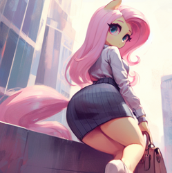 Size: 832x836 | Tagged: safe, ai content, derpibooru import, machine learning generated, fluttershy, anthro, g4, adorasexy, bag, breasts, butt, city, clothes, curvy, cute, female, flutterbutt, handbag, hootershy, hourglass figure, large butt, leaning, looking at you, looking back, looking back at you, looking down, low angle, nice, prompter:horselover fat, rear view, rearboob, reasonably sized breasts, sexy, shyabetes, sideboob, skirt, solo