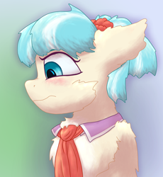 Size: 2208x2400 | Tagged: safe, artist:gosha305, derpibooru import, coco pommel, earth pony, pony, g4, alternate hairstyle, blushing, bust, cheek fluff, chest fluff, clothes, cocobetes, cute, ear fluff, ears, embarrassed, female, floppy ears, flower, fluffy, gradient background, high res, looking away, looking sideways, mare, necktie, nose wrinkle, pigtails, portrait, raised hoof, raised leg, scrunchie, solo