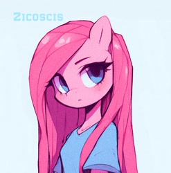 Size: 1024x1038 | Tagged: safe, artist:zicoscis, derpibooru import, pinkie pie, anthro, earth pony, pony, g4, clothes, cute, digital art, digital drawing, female, film grain, half body, looking at you, open mouth, pinkamena diane pie, shirt, simple background, solo, t-shirt