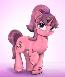 Size: 1850x2215 | Tagged: safe, artist:chopsticks, derpibooru import, oc, oc only, pony, unicorn, bracelet, butt fluff, cheek fluff, chest fluff, curvy, cute, ear fluff, ears, female, floppy ears, hairband, jewelry, looking at you, mare, one ear down, ponytail, raised hoof, raised leg, solo, unshorn fetlocks