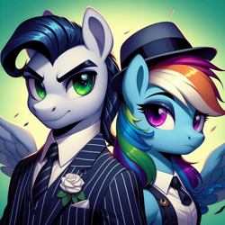 Size: 1024x1024 | Tagged: safe, ai content, derpibooru import, generator:bing image creator, machine learning generated, rainbow dash, soarin', anthro, g4, alternate hairstyle, clothes, dapper, fedora, female, hat, mafia, male, prompter:*rainbow dash*, roaring 20s, shipping, soarindash, straight, suit