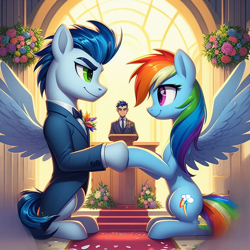 Size: 1024x1024 | Tagged: safe, ai content, derpibooru import, generator:bing image creator, machine learning generated, rainbow dash, soarin', human, g4, carpet, church, clothes, female, holding hooves, male, marriage, pastor, prompter:*rainbow dash*, red carpet, shipping, soarindash, spread wings, straight, suit, wings