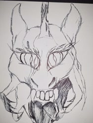 Size: 3468x4624 | Tagged: safe, artist:quizaro, derpibooru import, queen chrysalis, g4, creepy, horn, mandibles, mawshot, open mouth, sharp teeth, sketch, solo, teeth, tongue, tongue out, traditional art