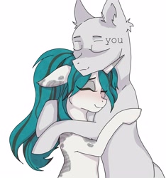 Size: 2845x3043 | Tagged: safe, artist:hysteriana, derpibooru import, oc, oc:evening lake, earth pony, pony, unicorn, blue hair, blushing, cute, digital art, duo, duo male and female, ear fluff, ears, eyebrows, eyes closed, eyeshadow, female, floppy ears, gray coat, high res, hooves, horn, hug, light skin, long hair, makeup, male, mare, patch, ponytail, simple background, smiling, spots, spotted, standing, sticker, stripes, two toned mane, white background, white coat, you