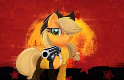 Size: 4096x2651 | Tagged: safe, artist:lbrcloud, derpibooru import, applejack, earth pony, pony, g4, female, gun, hair over one eye, handgun, high res, hoof hold, looking at you, mare, red dead redemption, revolver, solo, weapon