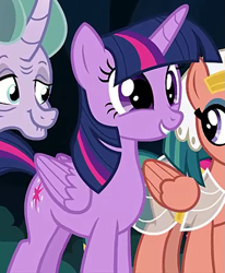 Size: 855x1037 | Tagged: safe, derpibooru import, screencap, mistmane, somnambula, twilight sparkle, twilight sparkle (alicorn), alicorn, pegasus, pony, unicorn, g4, season 7, shadow play, cropped, cute, excited, female, happy, mare, smiling, twiabetes