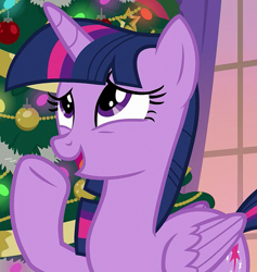 Size: 980x1035 | Tagged: safe, derpibooru import, screencap, twilight sparkle, twilight sparkle (alicorn), alicorn, pony, g4, season 8, the hearth's warming club, christmas, christmas tree, cropped, cute, female, folded wings, hearth's warming eve, holiday, horn, mare, pointing, solo, tree, twiabetes, wings