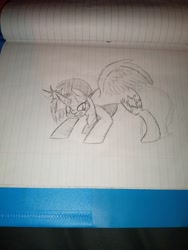 Size: 3120x4160 | Tagged: safe, artist:thatmlpartist, derpibooru import, twilight sparkle, twilight sparkle (alicorn), alicorn, pony, g4, angry, arched back, fighting stance, full body, glowing, glowing horn, horn, lined paper, monochrome, notebook, pencil drawing, sketch, solo, spread wings, traditional art, wings