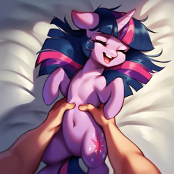 Size: 919x920 | Tagged: safe, ai content, derpibooru import, machine learning generated, twilight sparkle, human, pony, unicorn, belly, belly button, disembodied hand, double mane, eyes closed, featureless crotch, female, hand, holding a pony, lying down, mare, offscreen character, on back, open mouth, open smile, pov, smiling, tickling, ticklish tummy