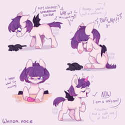 Size: 2000x2000 | Tagged: safe, artist:lionbun, derpibooru import, oc, oc only, oc:wanda, bat pony, hybrid, pony, unicorn, bat pony oc, bat pony unicorn, comic, crying, cute, determined, fake horn, female, filly, foal, high res, horn, plushie, story