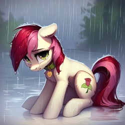 Size: 4096x4096 | Tagged: safe, ai content, derpibooru import, generator:purplesmart.ai, generator:stable diffusion, machine learning generated, roseluck, pony, absurd resolution, collar, crying, homeless, pet tag, pony pet, prompter:doom9454, rain, rosepet, sad, sitting, solo