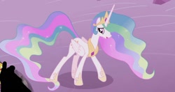 Size: 1232x649 | Tagged: safe, derpibooru import, edit, edited screencap, screencap, princess celestia, alicorn, pony, the cutie re-mark, cropped, crown, female, hoof shoes, jewelry, mare, regalia, solo