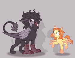 Size: 1300x1000 | Tagged: safe, artist:mr.catfish, derpibooru import, oc, oc:jan, oc:michael pegasus, bird, griffon, pegasus, pony, swan, black mane, curly hair, curly tail, duo, ears, ears back, gray eyes, green eyes, height difference, male, red mane, reference sheet, simple background, size comparison, tail, yellow coat