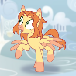 Size: 1000x1000 | Tagged: safe, artist:mr.catfish, derpibooru import, oc, oc:michael pegasus, pegasus, cloud, eyebrows, freckles, green eyes, open mouth, red mane, solo, spots, spread wings, surprised, wings, wings down