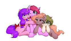 Size: 3456x2000 | Tagged: safe, artist:one4pony, derpibooru import, oc, oc only, oc:candlelight warmth, oc:cheery bell, oc:recalling, oc:yv heartkey, bat pony, pony, unicorn, 2024 community collab, bat pony oc, bow, derpibooru community collaboration, glasses, hair bow, high res, horn, simple background, transparent background, unicorn oc