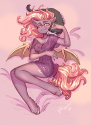 Size: 1920x2651 | Tagged: safe, artist:fukudka, derpibooru import, oc, oc:yv heartkey, anthro, bat pony, cat, unguligrade anthro, bat pony oc, clothes, cuddling, cute, cute little fangs, dress, fangs, lying down, see-through, smiling, spread wings, wings