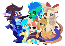 Size: 4664x3312 | Tagged: safe, artist:belka-sempai, derpibooru import, oc, oc only, oc:belka, oc:lumiere eleve, oc:night sky (polak23), oc:northlight (oleniandeer), oc:peach blossom, oc:sky splash, oc:solstice horizon, alicorn, deer, draconequus, hippogriff, lamia, original species, pony, unicorn, 2024 community collab, cute, derpibooru community collaboration, disguise, disguised changeling, simple background, transparent background