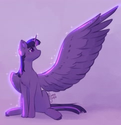 Size: 3845x3952 | Tagged: safe, artist:romajuro, derpibooru import, twilight sparkle, twilight sparkle (alicorn), alicorn, pony, belly, female, gradient background, head turn, high res, large wings, mare, one wing out, purple, signature, solo, wings