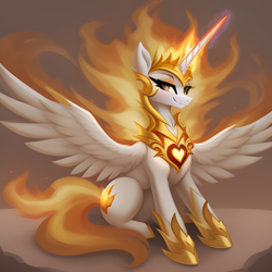 Size: 2048x2048 | Tagged: safe, ai content, derpibooru import, generator:easyfluff v11.2, generator:stable diffusion, machine learning generated, daybreaker, alicorn, pony, female, fiery mane, fiery tail, full body, glowing, glowing horn, high res, hoof shoes, horn, looking at you, magic, magic aura, mare, peytral, prompter:felixx, royalty, simple background, sitting, smiling, smiling at you, solo, spread wings, wings