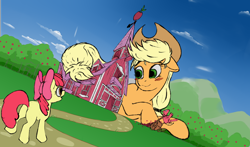 Size: 10000x5868 | Tagged: safe, artist:depanovv, derpibooru import, apple bloom, applejack, big macintosh, granny smith, earth pony, pony, absurd resolution, apple, apple family, blank flank, blushing, butt, ears back, female, food, giant pony, giantess, grass, green eyes, hat, lying, macro, plot, size difference, smiling, sweet apple acres