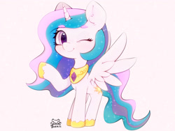 Size: 4000x3000 | Tagged: safe, artist:zokkili, derpibooru import, princess celestia, alicorn, pony, g4, beanbrows, colored eyebrows, cute, cutelestia, ear fluff, ears, eyebrows, eyebrows visible through hair, female, high res, hoof shoes, horn, looking at you, mare, one eye closed, peytral, pink background, princess shoes, raised hoof, raised leg, signature, simple background, smiling, smiling at you, solo, sparkles, spread wings, waving, waving at you, wings, wink, winking at you