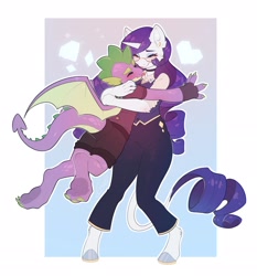 Size: 2453x2635 | Tagged: safe, artist:peachmayflower, derpibooru import, rarity, spike, anthro, digitigrade anthro, dragon, unguligrade anthro, unicorn, g4, abstract background, blushing, clothes, duo, duo male and female, eyes closed, female, fingerless gloves, forked tongue, glasses, gloves, high res, hug, leonine tail, male, mare, pants, passepartout, shipping, shorts, smiling, sparity, sparkles, straight, tail, tongue, tongue out, vest, white outline