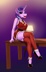 Size: 1400x2200 | Tagged: safe, artist:kpapwiss, derpibooru import, starlight glimmer, anthro, plantigrade anthro, unicorn, christmas outfit, clothes, crossed legs, female, looking at you, open mouth, open smile, shoes, simple background, sitting, smiling, solo