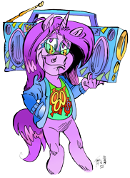 Size: 2122x2919 | Tagged: safe, artist:grotezco, artist:tokiotoyy2k, derpibooru import, oc, anthro, pony, unicorn, 2024 community collab, 80's fashion, 80s, 80s hair, attitude, bipedal, clothes, derpibooru community collaboration, design, high res, horn, italodisco, jacket, music, radio, simple background, solo, transparent background, unicorn oc