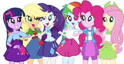 Size: 828x429 | Tagged: safe, artist:anayahmed, derpibooru import, applejack, fluttershy, pinkie pie, rainbow dash, rarity, twilight sparkle, human, equestria girls, applejack's clothes, belt, clothes, clothes swap, cowboy hat, fluttershy's clothes, hat, humane five, humane six, jacket, pinkie pie's clothes, rainbow dash's clothes, rarity's clothes, shirt, simple background, skirt, transparent background, twilight sparkle's clothes, vest