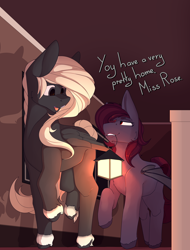 Size: 3800x5000 | Tagged: safe, artist:chapaevv, derpibooru import, oc, oc only, oc:maelstorm, oc:rose, bat pony, pegasus, pony, comic:look into my eyes, duo, female, indoors, lamp, text, walking