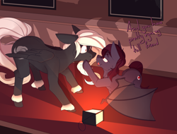 Size: 5000x3800 | Tagged: safe, artist:chapaevv, derpibooru import, oc, oc only, oc:maelstorm, oc:rose, bat pony, pegasus, pony, comic:look into my eyes, duo, female, indoors, lamp, licking, text, tongue, tongue out, walking