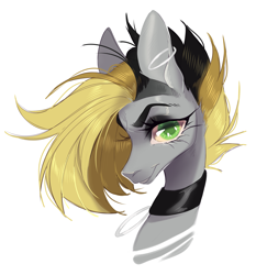 Size: 3255x3496 | Tagged: safe, derpibooru import, oc, oc:tlen borowski, pony, bust, collar, dark, gray, high res, simple background, smug, white background, yellow hair