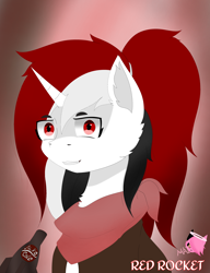 Size: 3152x4096 | Tagged: safe, artist:mairiathus, derpibooru import, oc, oc:red rocket, unicorn, fallout equestria, commission, horn, nuka cola, red eyes, red hair, smiling