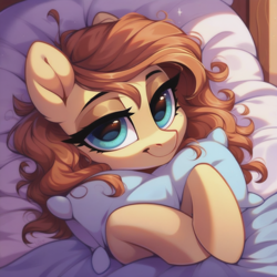 Size: 1024x1024 | Tagged: safe, ai content, derpibooru import, generator:dall-e 3, machine learning generated, oc, oc only, oc:cream heart, earth pony, pony, bed, bed sheets, bedroom eyes, female, hug, indoors, looking at you, lying down, lying on bed, mare, messy mane, milf, on bed, pillow, pillow hug, prompter needed, smiling, smiling at you, solo