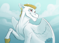 Size: 3456x2516 | Tagged: safe, artist:klarapl, derpibooru import, bulk biceps, pegasus, pony, g4, chad, cloud, ear piercing, earring, ears, floppy ears, happy, high res, jewelry, male, piercing, raised hoof, raised leg, smiling, solo, spread wings, stallion, wings