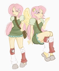 Size: 852x1024 | Tagged: safe, artist:mr_chett0s, derpibooru import, fluttershy, human, arm behind back, bag, clothes, dress, eared humanization, humanized, leg warmers, looking at you, messenger bag, pony coloring, simple background, sitting, solo, white background, winged humanization, wings