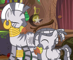 Size: 1686x1384 | Tagged: safe, artist:pastelnightyt, derpibooru import, zecora, oc, oc:jabori, zebra, dreadlocks, female, filly, foal, male, mother and child, mother and son, mouth hold, parent and child