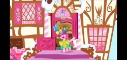 Size: 1140x540 | Tagged: safe, derpibooru import, screencap, pinkie pie, pinkie pride, balloon, present, solo, sugarcube corner, sunglasses